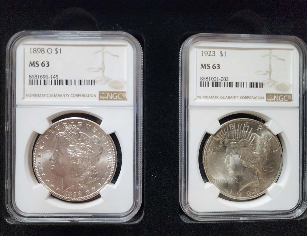 1898‑O Morgan & 1923 Peace $1 NGC MS63 Silver Set w/ Gift Display Box